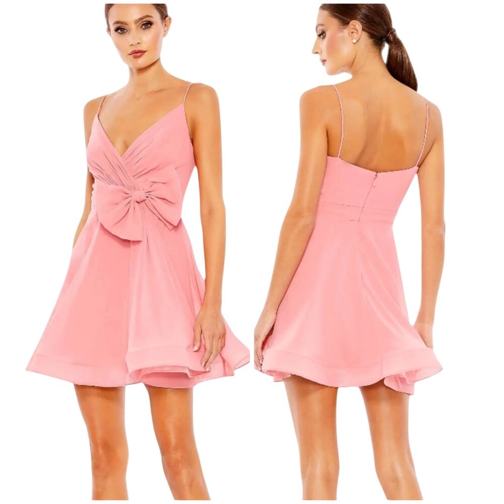 Mac Duggal NWT Faux Wrap Bow Detail Flowy Mini Dress Pink Size 10 Chiffon Tulle